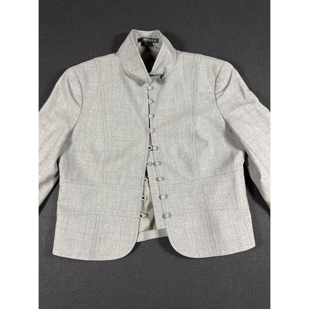 Theory Womens Grey Wool Stand Collar Multi Button Blazer Jacket Size 8